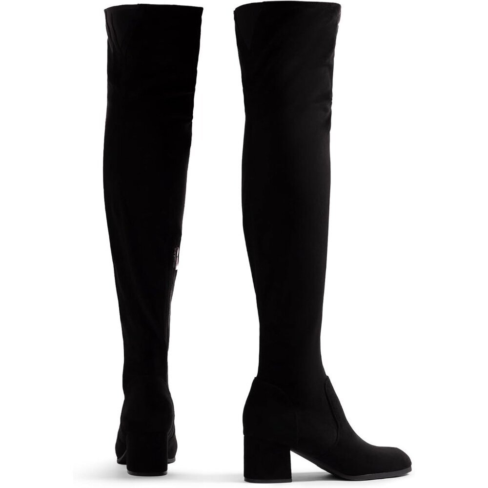 Women's Black Suede Over The Knee Thigh High Chunky Heel Long Stretch Fall Boots - Picture 4 of 6